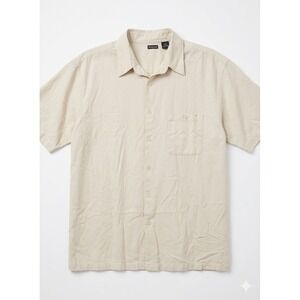 Men's 100% Silk Short Sleeve Button Down Shirt XXLT Big Tall Tan Beige Camp